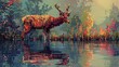A deer is standing in a body of water with a colorful background. The image has a dreamy, surreal quality to it, with the deer appearing to be a pixelated version of itself