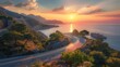 A beautiful sunset over a mountain and ocean. The sky is filled with clouds and the sun is setting. The road is winding and the trees are lush and green