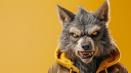 Wall Mural - A werewolf wearing a yellow jacket and hood with an angry expression, AI