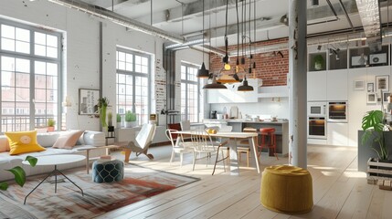 Canvas Print - Modern loft-style interior with living, dining and kitchen areas