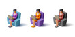 Set of multi-colored business women working on a laptop in a soft chair. For the concepts of work, business, online communication. Vector