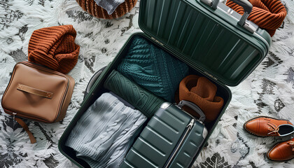 Wall Mural - Open suitcase with travelling accessories and winter clothes on carpet, top view