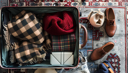 Wall Mural - Open suitcase with travelling accessories and winter clothes on carpet, top view