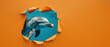 A playful dolphin is depicted seemingly jumping through a hole torn in an abstract orange background