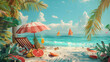 Tropical beach banner with lounge chair under the umbrella, palms, tropical fruits. Summertime, summer vacation, seascape, beach vibes concept.