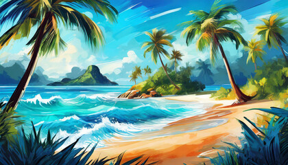 Poster - Vibrant illustration of a tropical paradise with sandy beach, palm trees and turquoise water.