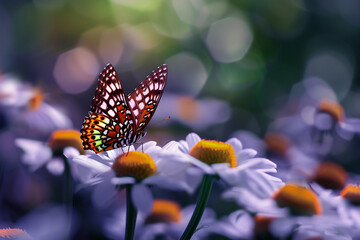 Wall Mural - Brown spotted butterfly on a lilac daisy in the garden. Natural background.