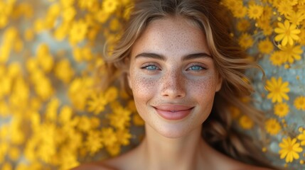   A woman with freckled hair and blue eyes stands before a yellow-flowered wall, its petals similarly speckled