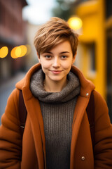 Wall Mural - Woman with brown coat and scarf around her neck.