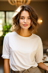 Poster - Woman with short haircut and white shirt.