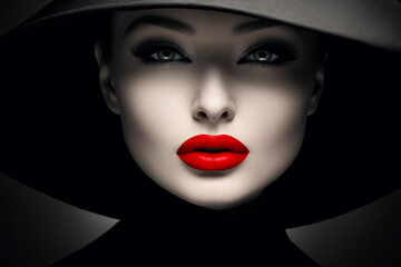 Woman with hat and red lipstick on her face.