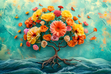 Poster - Tree with flowers painted on blue canvas background.