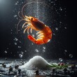 A twirling prawn captured mid-motion, surrounded by water droplets and spices on a shadowy surface AI generation