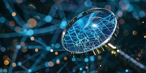Fototapete - A magnifying glass inspecting network components, symbolizing the investigation of network problems