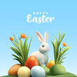 Easter, flowers, Easter eggs, rabbit, 3D. Banner for celebration concepts, and product advertising. Vector