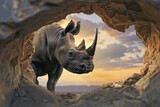 Fototapeta Zwierzęta - Dynamic view of a rhino coming through a rock arch, symbolizing emergence and the beauty of wildlife in their natural setting