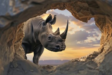 Dynamic view of a rhino coming through a rock arch, symbolizing emergence and the beauty of wildlife in their natural setting