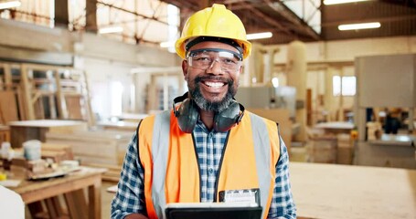 Poster - Black man, portrait and happy as carpenter with tablet at workshop for furniture or design. Mature person, carpentry and smile with startup business as manager or supervisor in wood factory.