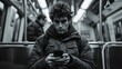 sitting on the subway looking at his phone, generative ai