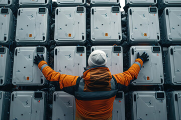 A technician monitors a bank of lithium-ion batteries, ensuring optimal energy storage efficiency in a high-tech facility.