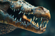 A crocodile's mouth is open, showing its teeth