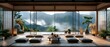Japanese mountain view in traditional wooden living room with dark furniture. Concept Japanese Culture, Wooden Architecture, Mountain Views, Interior Design, Traditional Living Room
