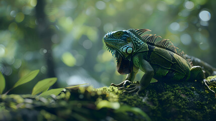 Serene iguana poised gracefully on a moss-covered tree trunk, with soft-focus forest scenery providing a tranquil setting for text overlay