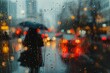 Rainy Day Cityscape with Blurred Umbrellas and Pedestrians