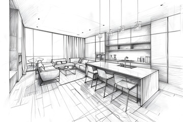 Hand drawn monochrome sketch of a modern contemporary interior. Interior design concept