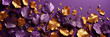 Widescreen image of luxurious purple leaves adorned with gold flakes gently scattered