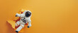 Showing an astronaut tearing through an orange paper backdrop, highlighting themes of courage and the unknown