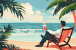 Businessman taking well-deserved break, enjoying workplace holiday and vacation by relaxing on beach with tropical drink