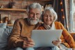 Elderly love endures, a joyful senior couple sharing moments with technology in a cozy living room