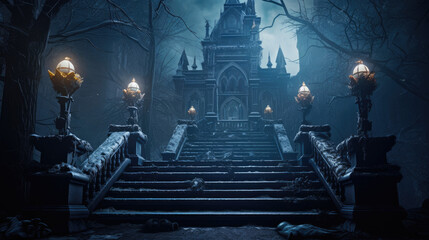 Wall Mural - Background for a scary fairy tale background, a dark gothic haunted mansion castle in a dark dead valley with a forest around and snow. Halloween background with a spooky and ancient church