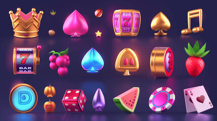 Wall Mural - Set of Slot game icon on dark background, Illustration.