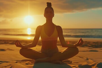 Wall Mural - Sunset Yoga Bliss: Woman Stretching on Golden Beach