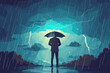 Cautious businessman seeks protection from stormy weather, standing under an umbrella as lightning strikes, a concept of business risk management and security