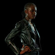 Stylish Confident Woman in Leather Jacket Posing Boldly Banner
