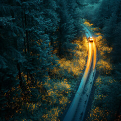 Wall Mural - glowing firefly following a car on a road from above