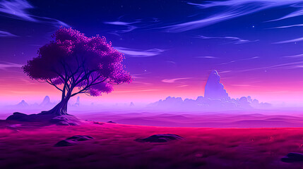 Wall Mural - A purple tree stands in a field of purple grass.