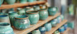 A vibrant selection of handcrafted turquoise pottery displayed neatly on wooden shelves, showcasing the art of ceramics