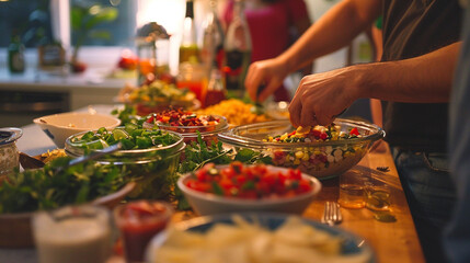 Friends hosting a DIY taco night, setting up a build-your-own taco bar with a variety of toppings and salsas