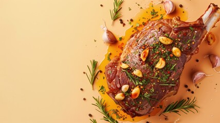 Poster - Grilled steak seasoned with herbs and garlic on warm-toned background