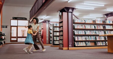 Sticker - School, tutor or girl in a library dancing with smile for knowledge or development for future learning. Lady teacher, education or happy child student playing with parent, mother or woman on a break