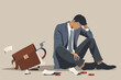 Dejected businessman sits on the ground with an empty wallet, facing financial loss, bankruptcy, and ruin, a concept of business failure and hardship