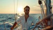 © mariiaplo - A man in sailboat enjoys the peacefulness of sailing at sunset, with golden hues reflecting off the ocean.