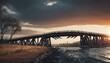 The remnants of a once-sturdy bridge are cast in a haunting light by the twilight sky, reflecting the powerful forces of nature and time. The wild river below underscores the bridge's fragility and