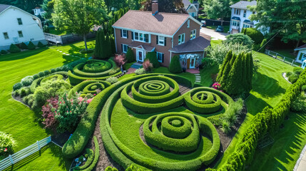 Wall Mural - Aerial view of elegant suburban house with landscaped garden