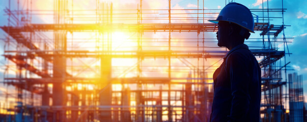 Wall Mural - Man silhouette in helmet against construction site at sunset. Worker on construction site evokes sense of determination and perseverance.