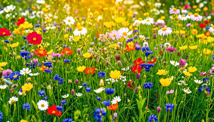 Wall Mural - A field of wildflowers with a variety of colors including pink, yellow, blue, and white flowers